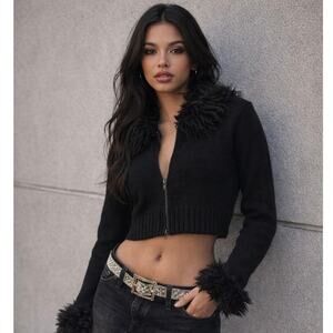 Y2K Black Cropped Faux Fur Zip Knit Cardigan